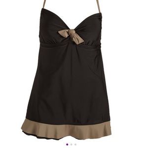 Marina West Black & Tan Ruffle Keyhole Swim dress Women's Size Small